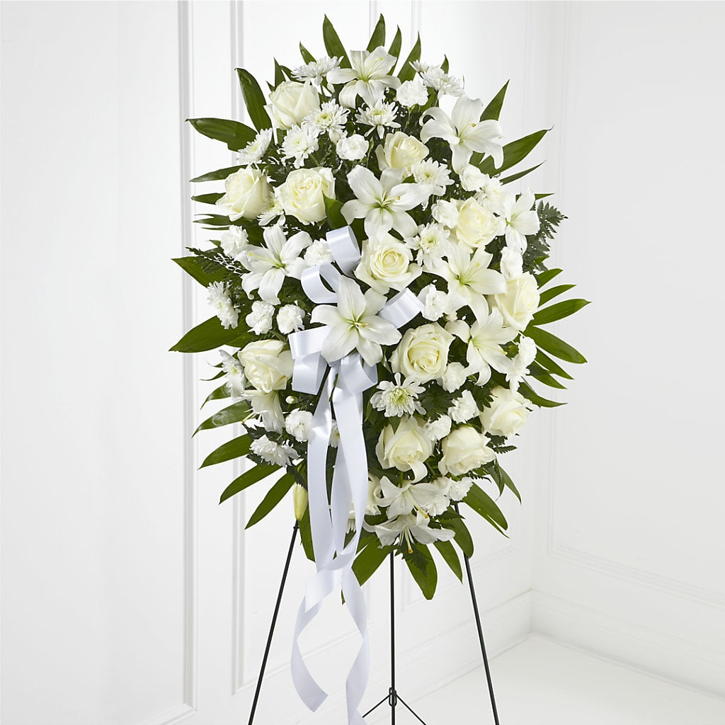 Exquisite Tribute Standing Spray-White Ribbon – Special Occasion By Ora, Independence LA